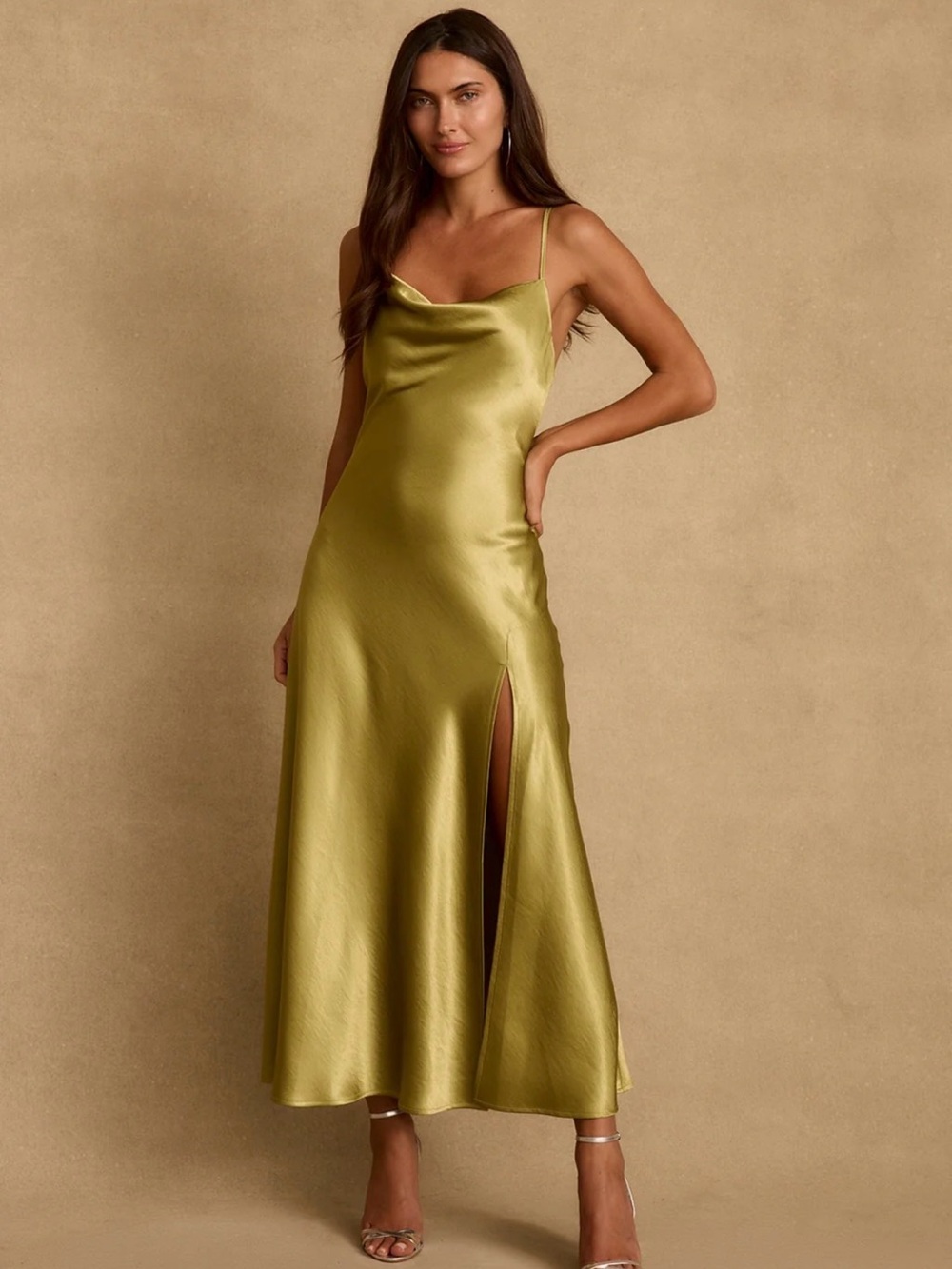 12th Tribe Olive Satin Slip Maxi Dress with Side Slit